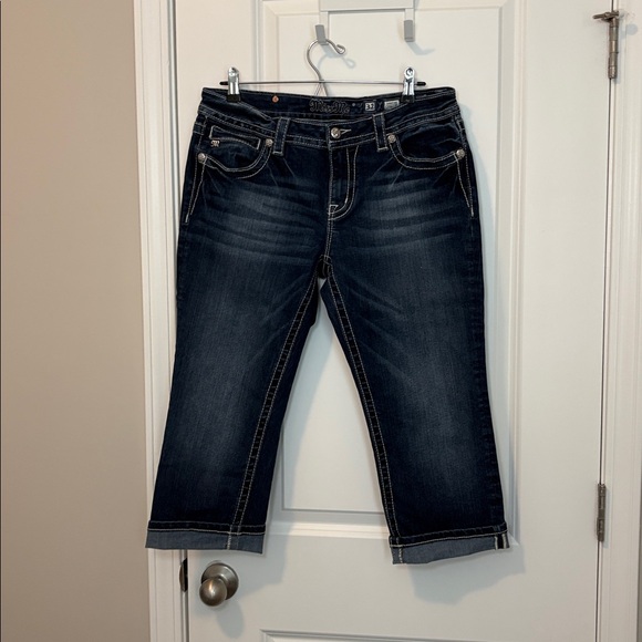 Miss Me Signature Dark Blue Cropped Jeans with Embroidery Cuffed Capri - Picture 3 of 6